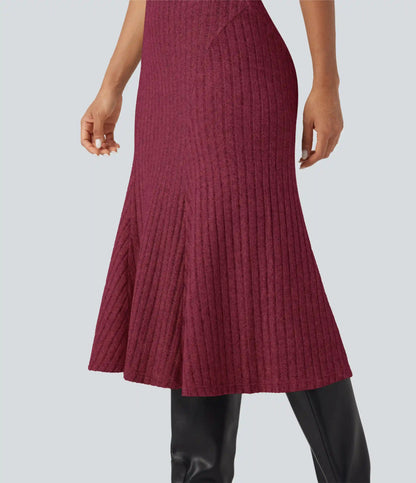 Ribbed Knit High-waisted Midi Casual A-line Skirt