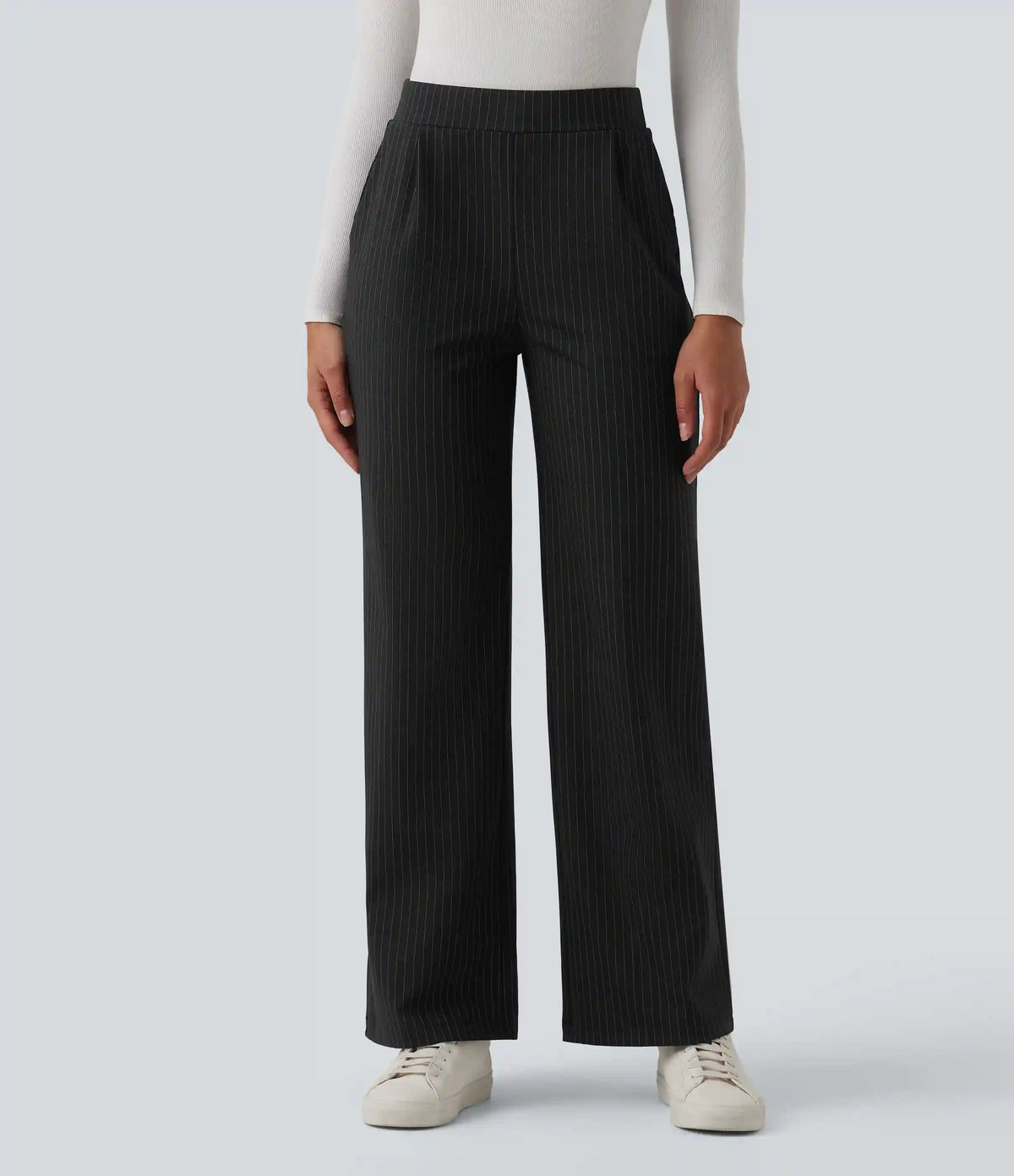High Waisted Stripes Work Wide Leg Pants with Pockets