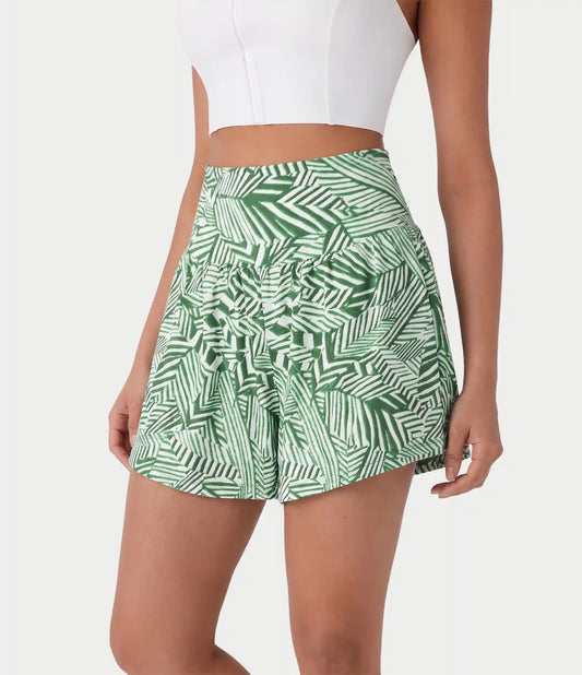 High Waisted 2-in-1 Tropical Plant Print Shorts 5'' with Pockets