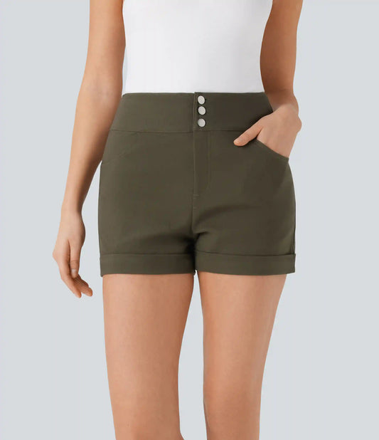 High Waisted Rolled Hem Casual Skinny Shorts with Pockets
