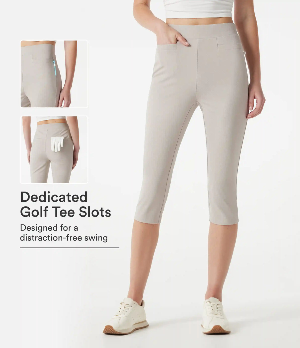 High-waisted Slim Herringbone Golf Capri Pants with Pockets