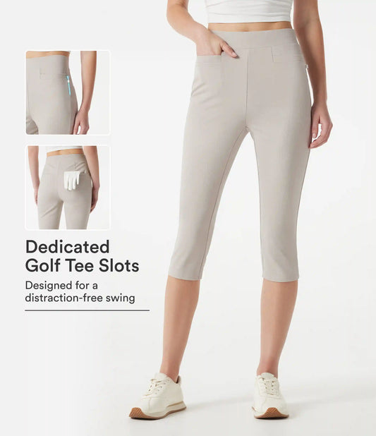 High-waisted Slim Herringbone Golf Capri Pants with Pockets