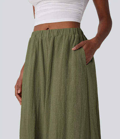 Mid Rise Wide Leg Flowy Linen-Feel Pants with Pocket