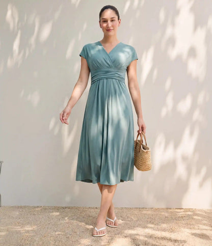 Breezeful™ V Neck Short Sleeve Pocket Tie Back Quick Dry Midi Casual Dress
