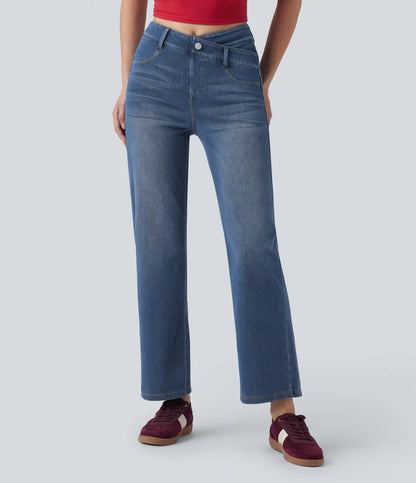 Halara Flex™ Mid Rise Crossover Tummy Control Straight Leg Casual Jeans with Pockets