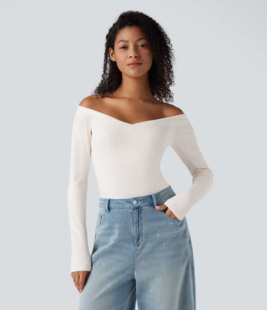 Ribbed Knit Off Shoulder Push-Up Long Sleeve Casual Top A/B Cup