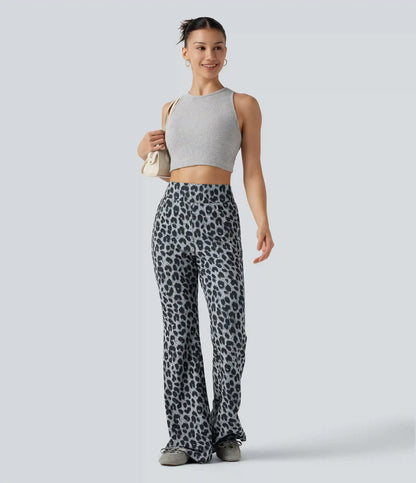 High Waisted Leopard Waffle Flare Casual Pants with Pockets