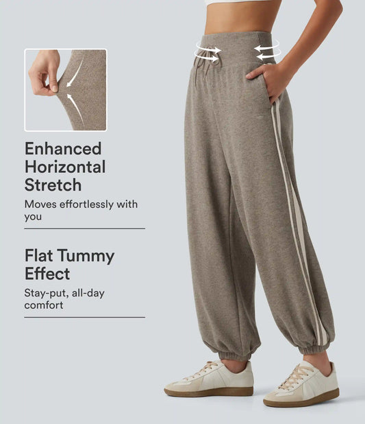Ribbed High Waisted Tummy Control Side Stripe Drawstring Casual Joggers with Pockets