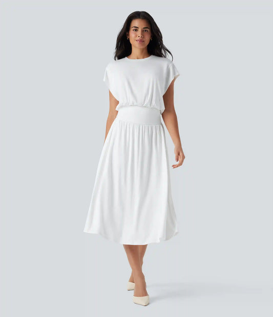 Tummy Control Batwing Sleeve Flowy Midi Work Dress with Pockets
