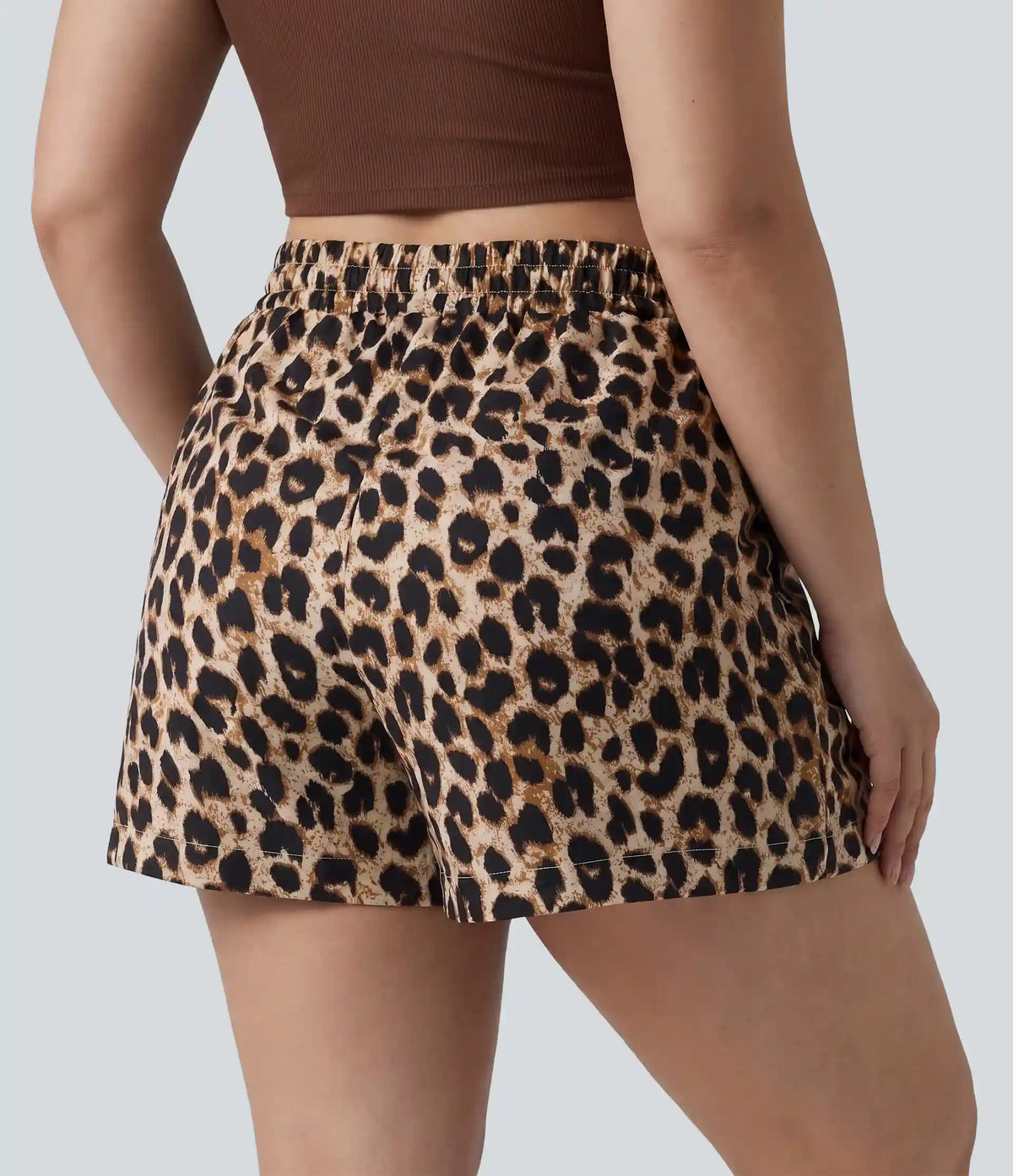 Plus Size High Waisted Drawstring Leopard Print Casual Shorts with Pockets