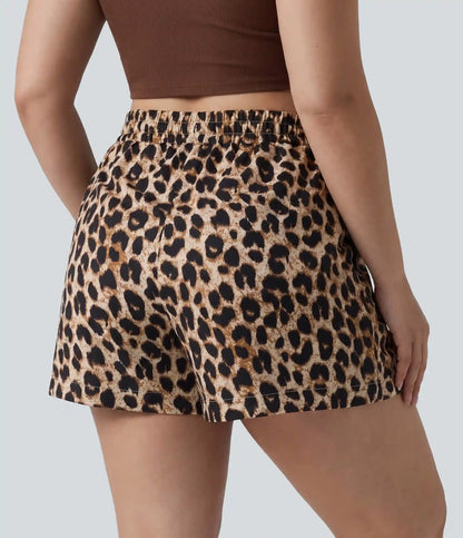 Plus Size High Waisted Drawstring Leopard Print Casual Shorts with Pockets