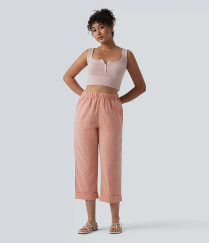 High Waisted Straight Leg Cropped Casual Linen-Feel Pants with Pockets