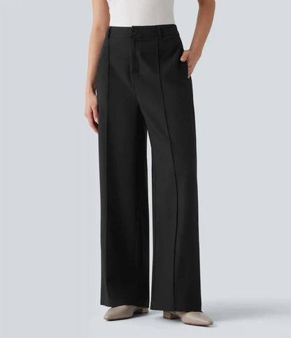 High Waisted Straight Leg Work Linen-Feel Pants with Pockets