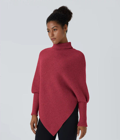 High Neck Long Sleeve Asymmetric Hem Work Sweater