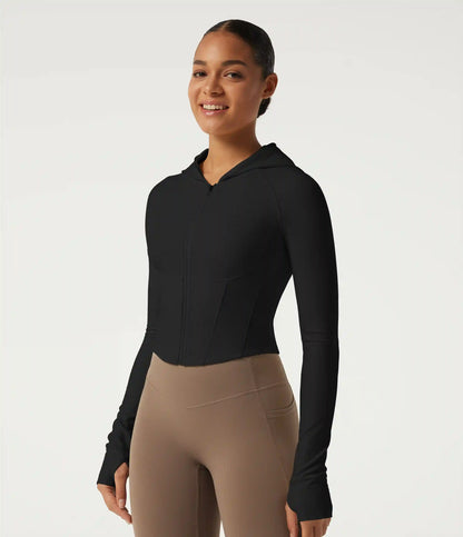 Hooded Long Sleeve Workout Jacket with Thumb Hole