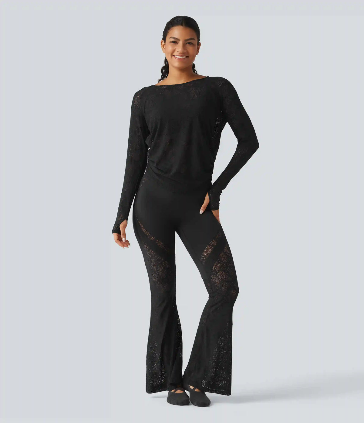 Cut Out Long Sleeve Thumb Hole Ruched Lace Yoga Sports Top
