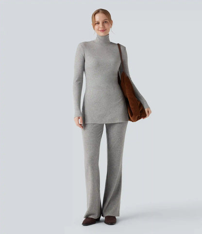 Ribbed Knit High Neck Long Sleeve Casual T-Shirt