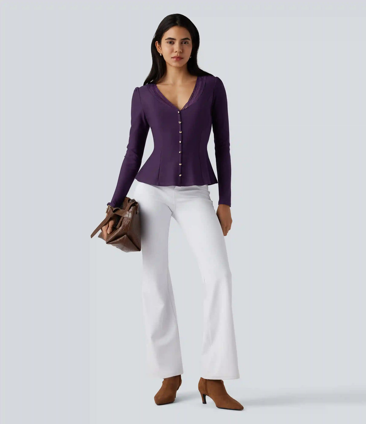 V Neck Contrast Lace Long Sleeve Ruffle Hem Work Blouse