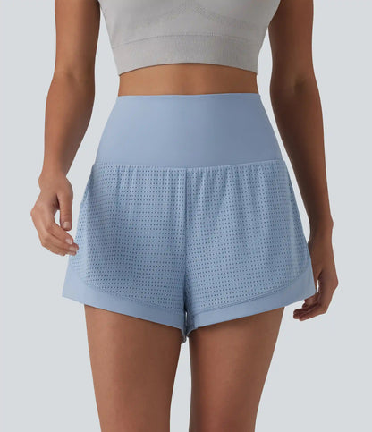High Waisted Tummy Control Eyelet 2-in-1 Yoga Shorts 2.5'' with Pocket