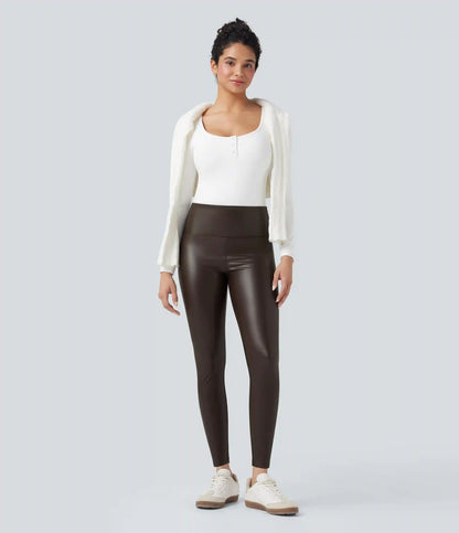 High Waisted Tummy Control Stretchy PU Fleece 7/8 Skinny Casual Leggings with Pockets