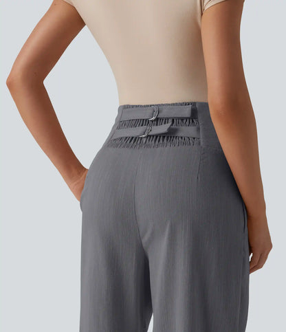 Adjustable Super High Waisted Shirred Wide Leg Casual Linen-Feel Pants with Pockets