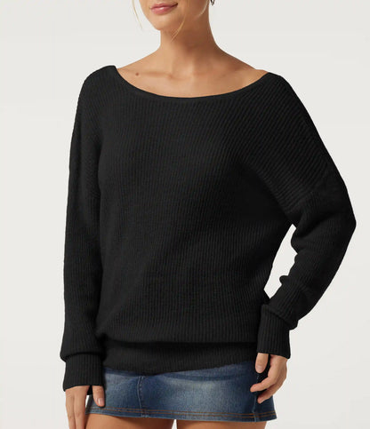 One Shoulder Crisscross Back Dropped Long Sleeve Relaxed Casual Sweater