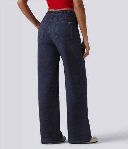 Mid Rise Denim Print French Terry Casual Sweatpants Jeans with Pockets