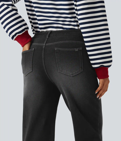 Mid Rise Asymmetric Straight Leg Fleece Casual Jeans with Pockets