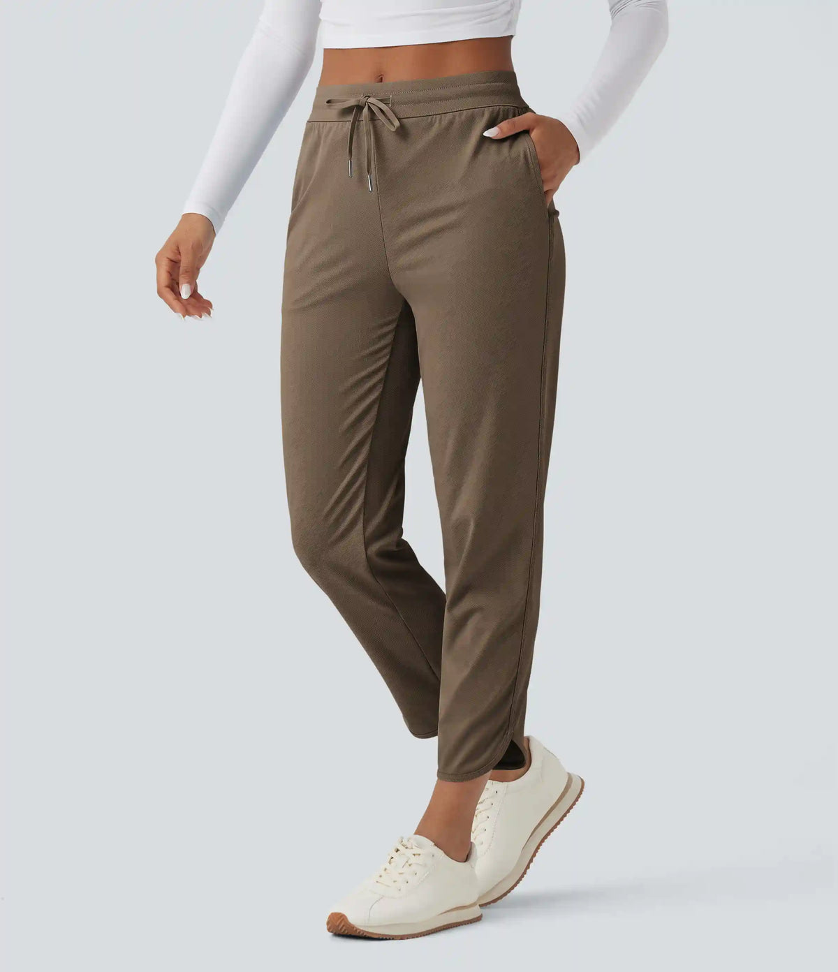 Mid Rise Drawstring Curved Hem Quick Dry Golf Tapered Pants with Pockets-UPF40+