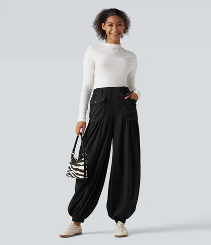 High Waisted Ruched Stacked Baggy Casual Linen-Feel Joggers with Pockets