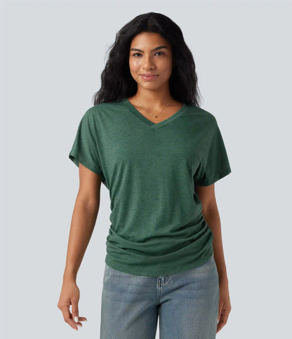 V-neck Short Sleeve Ruched Relaxed Casual Top