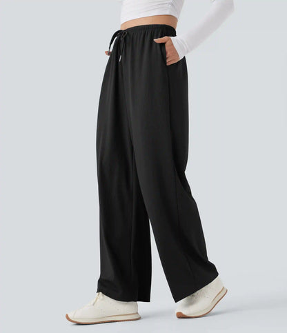 Mid Rise Drawstring Straight Leg Waffle Knit Yoga Pants with Pockets