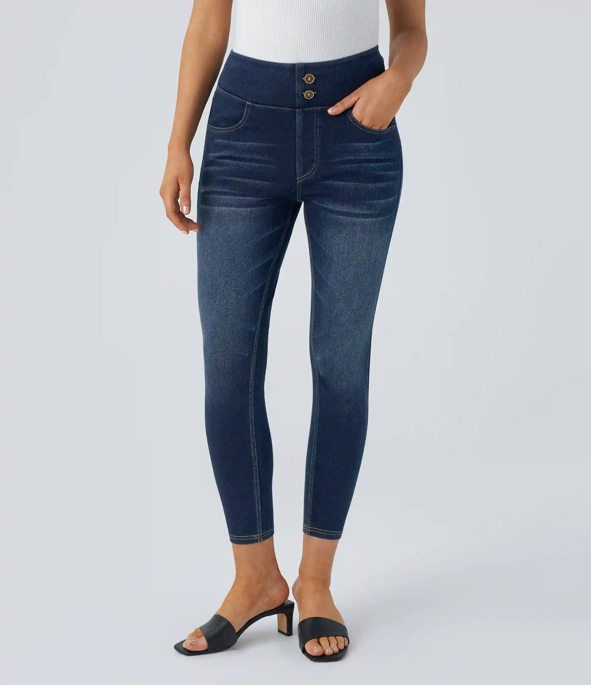 Halara Flex™ Curvy High Waisted Decorative Pockets Washed Casual 7/8 Jeans