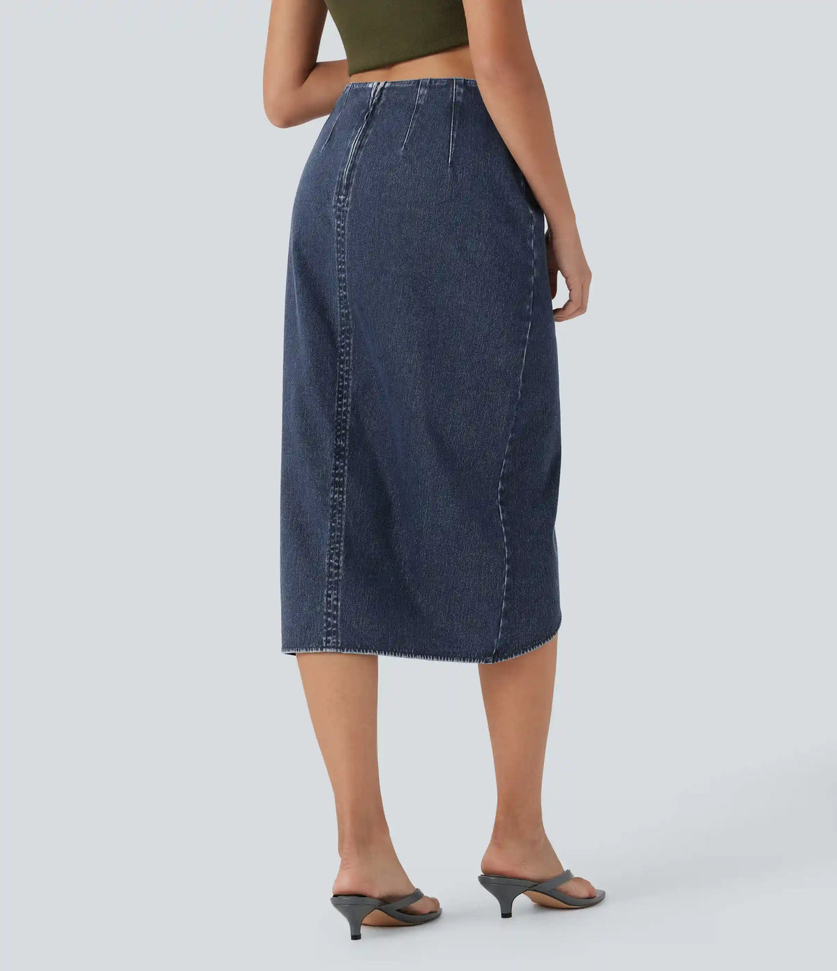Halara Flex™ High Waisted Back Zipper Ruched Tulip Hem Midi Washed Denim Casual Skirt