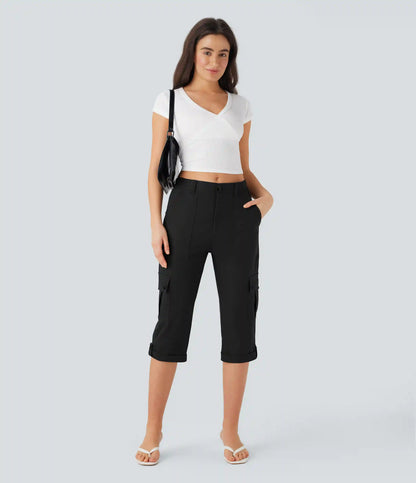 Mid Rise Rolled Hem Casual Cargo Pants with Flap Pockets
