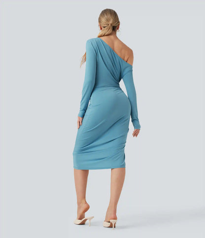 One-shoulder Long Sleeve Ruched Split Midi Bodycon Dress