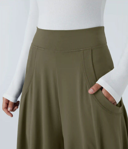 Mid Rise Pockets Draped Wide Leg Baggy Casual Pants