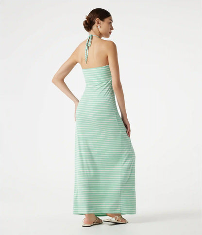Halter Tie Back Built-in Bra Striped Maxi Resort Dress with Pockets