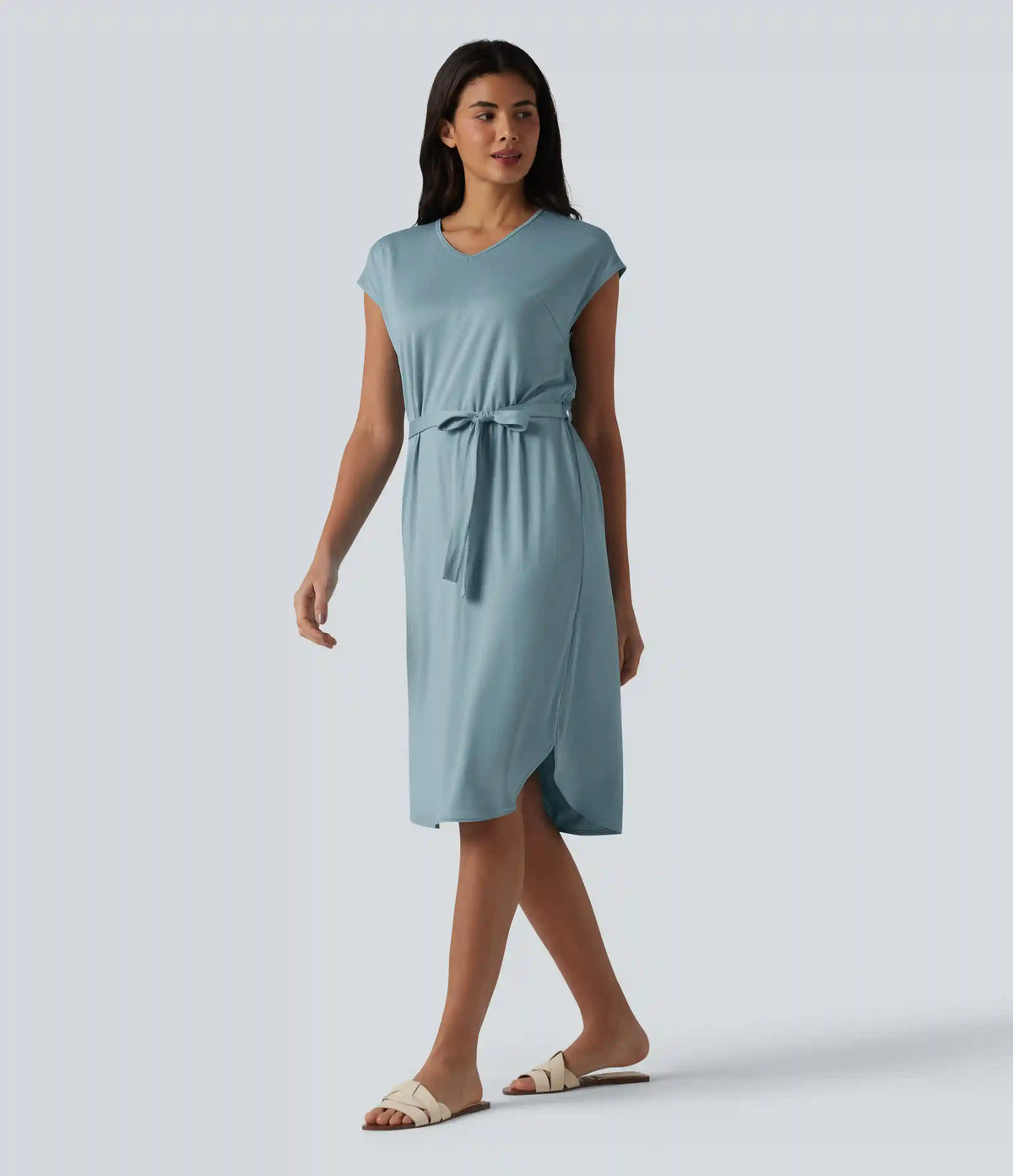 V-neck Short Sleeve Belted Curved Hem Casual T-Shirt Dress