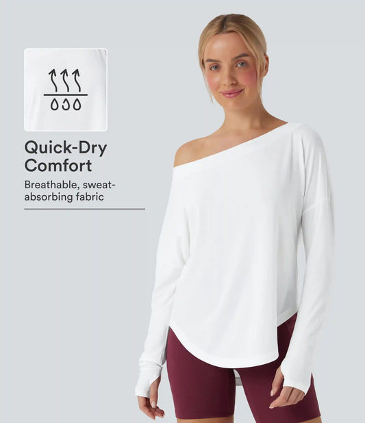 One Shoulder Long Sleeve Thumb Hole Curved Hem High Low Quick Dry Yoga Sports Top