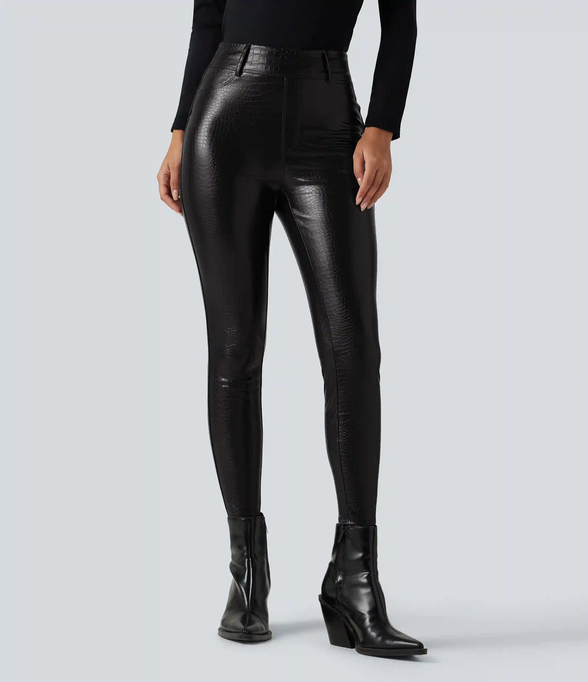 High Waisted Snakeskin Print Stretchy PU Fleece Casual Leggings with Pockets
