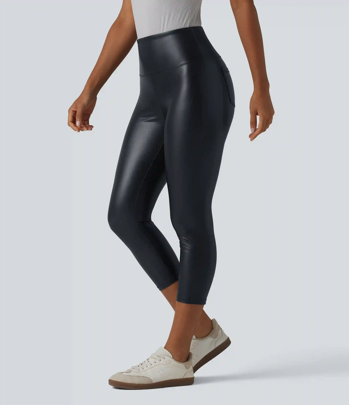 High Waisted Tummy Control Stretchy PU Casual Capri Leggings with Pockets