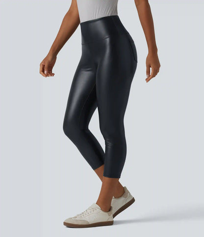 High Waisted Tummy Control Stretchy PU Casual Capri Leggings with Pockets