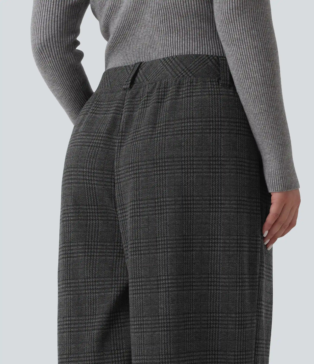 Plus Size High Waisted Wide Leg Houndstooth Plaid Casual Pants with Pockets