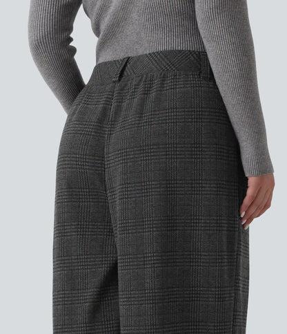 Plus Size High Waisted Wide Leg Houndstooth Plaid Casual Pants with Pockets