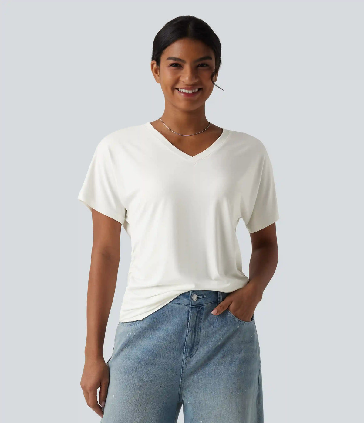 V-neck Short Sleeve Ruched Plain Casual T-Shirt
