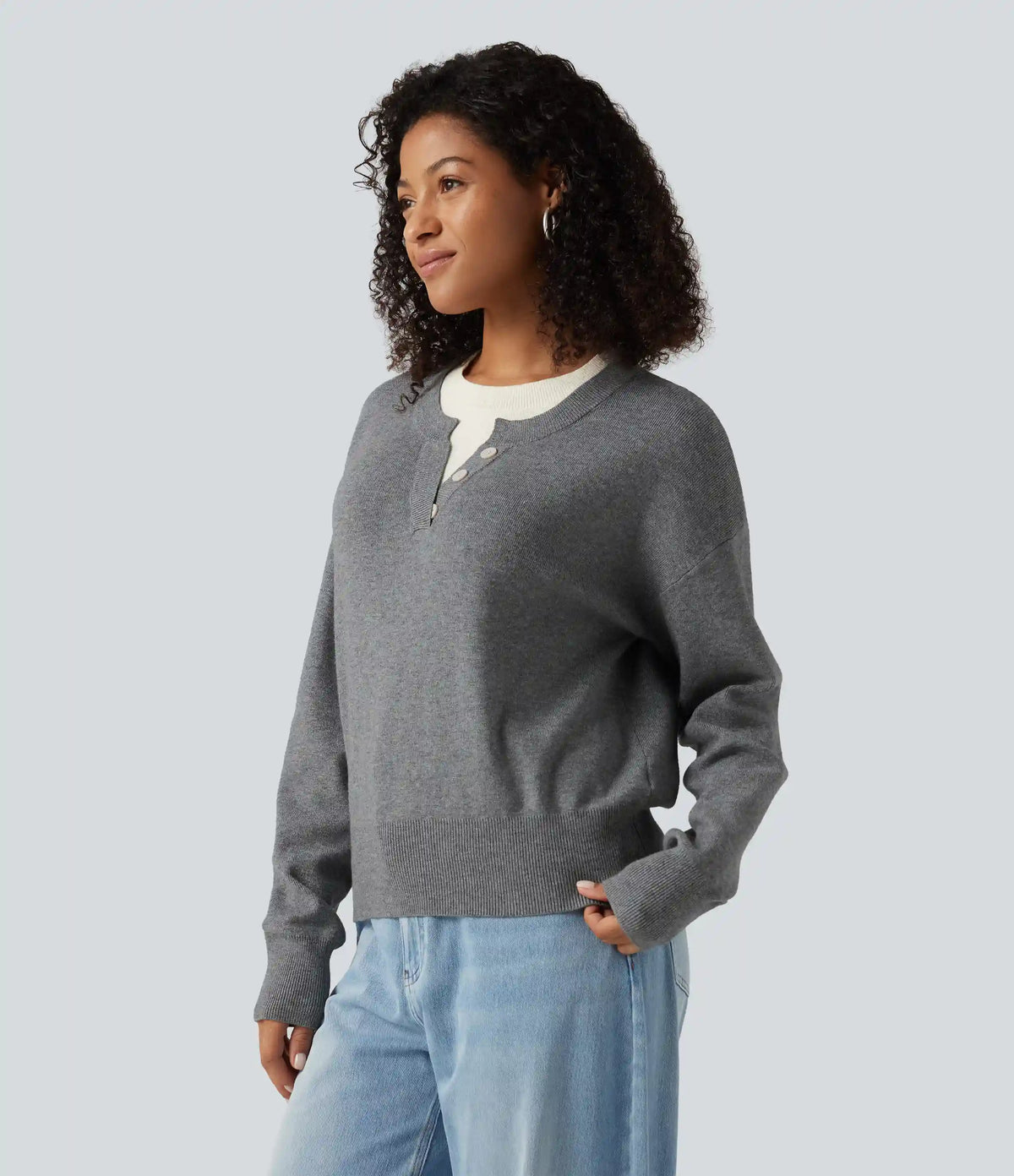 Round Neck Dropped Long Sleeve Color Block Work Sweater