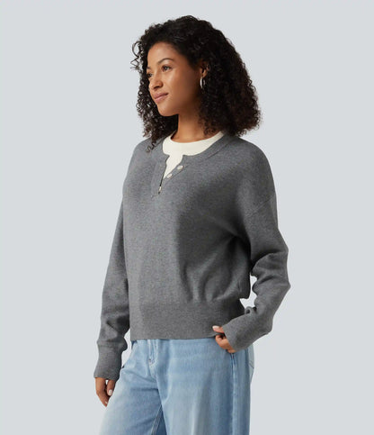 Round Neck Dropped Long Sleeve Color Block Work Sweater