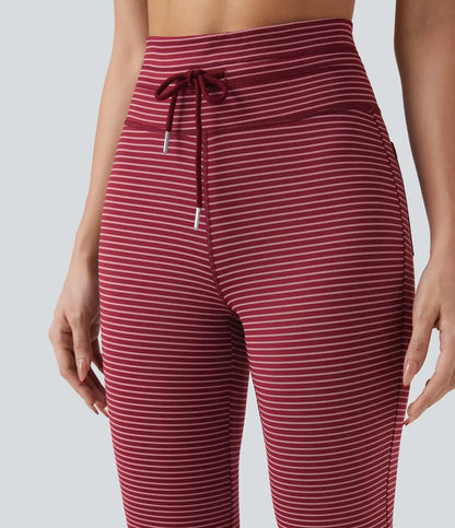High Waisted Drawstring Stripe Flare Yoga Pants with Pockets