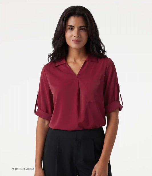 Wrinkle Recovery V Neck Long Sleeve Work Shirt with Pocket